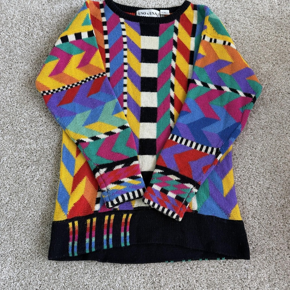 Vintage UNO & UNA Sweater Womens Med Multicolor Geometric Chevron Knit Pullover